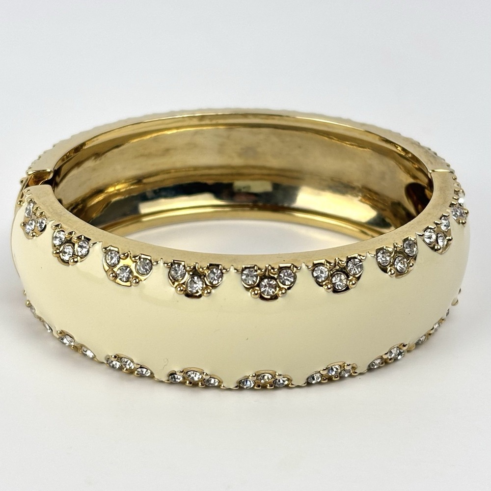 Stella & Dot Rhinestone Cluster Cream Ivory Enamel Clamper Hinge Bangle Bracelet